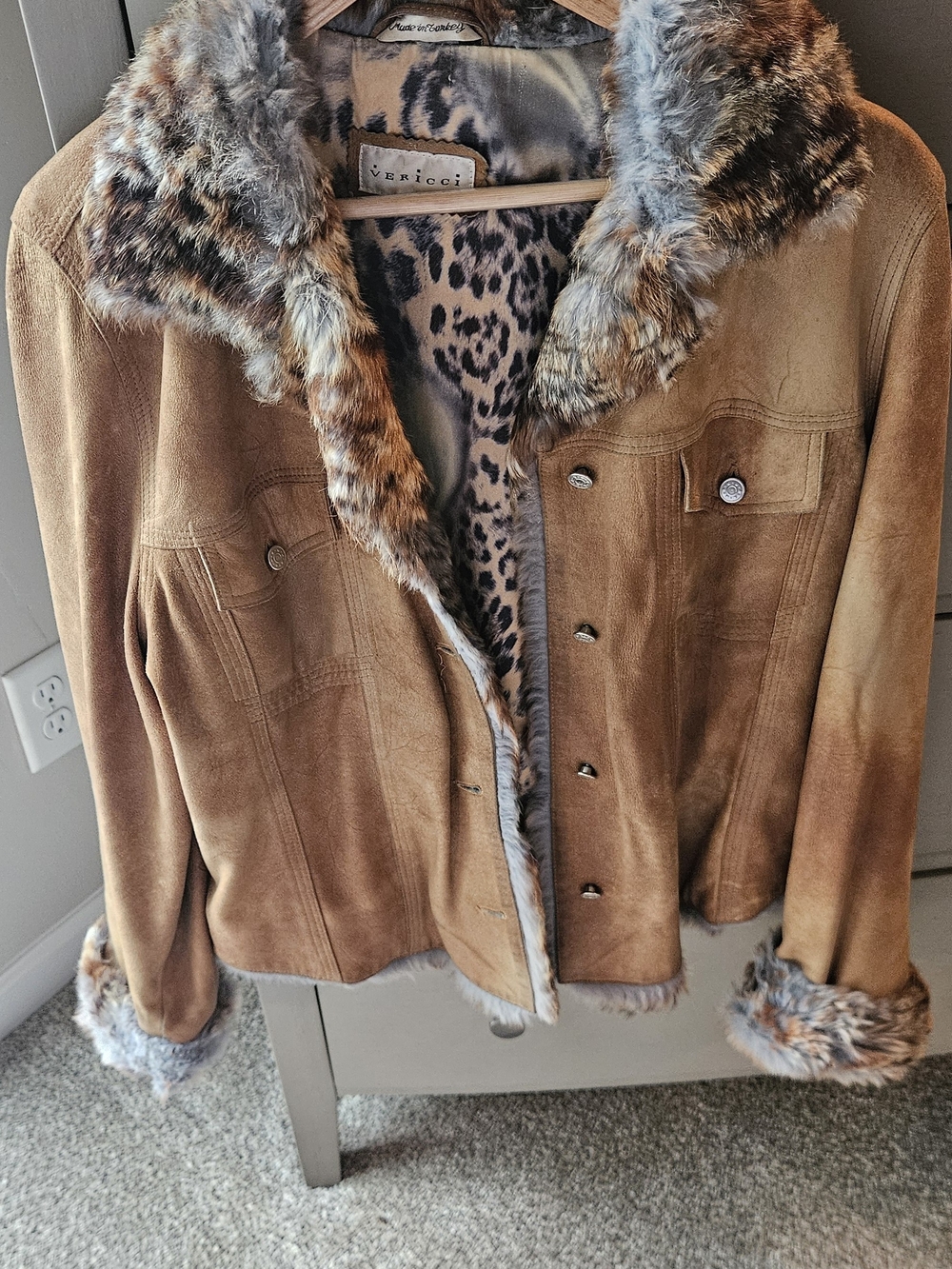 Vericci Tan Suede Teddy Jacket with Faux Fur Trim